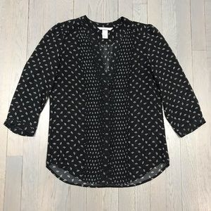 H&M Fan Print Tuxedo Ruffle 3/4 Sleeve Sheer Top